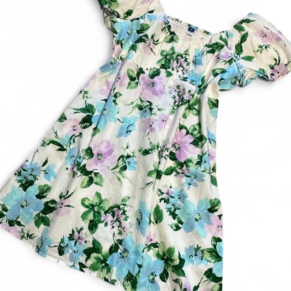 Cotton Cream with Pink & Blue Floral Empire Waist Puffy Sleeve Babydoll Dress